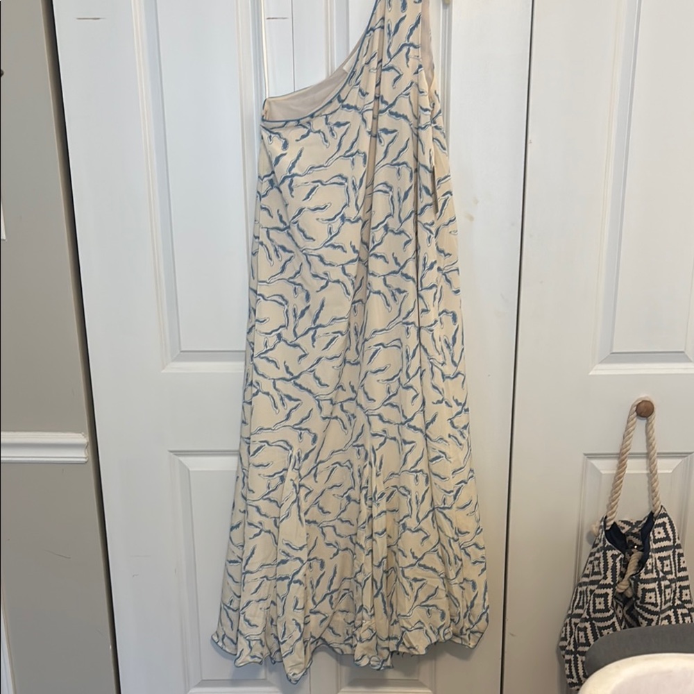Chic One-Shoulder Cream and Blue Dress